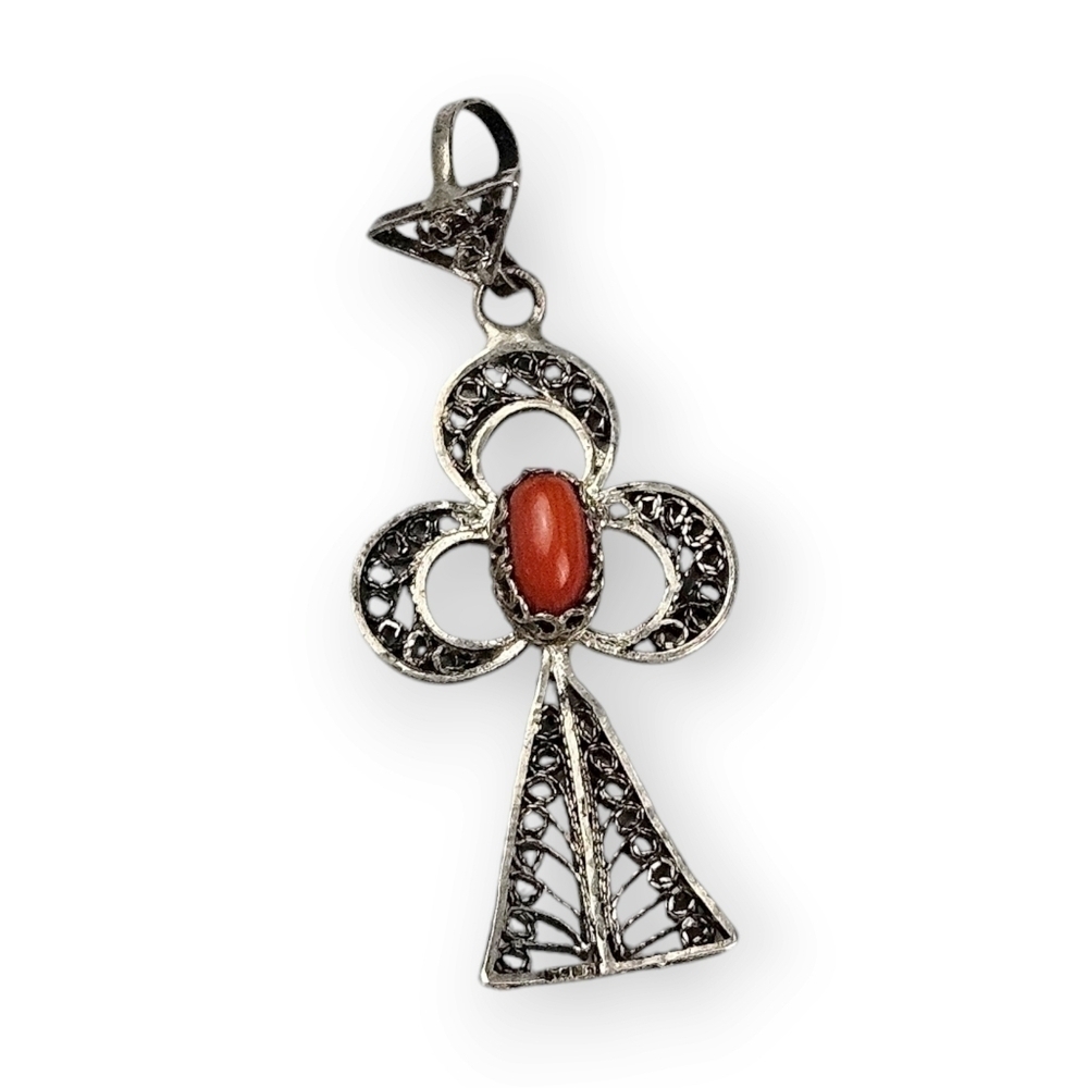Egyptian Coral Filigree Pendant Arouset El Moulid 800 Silver Islamic Vintage 60s